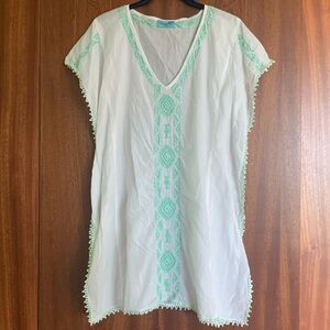 Letarte White Green Embroidered Cotton Scallop Trim Swim CoverUp S